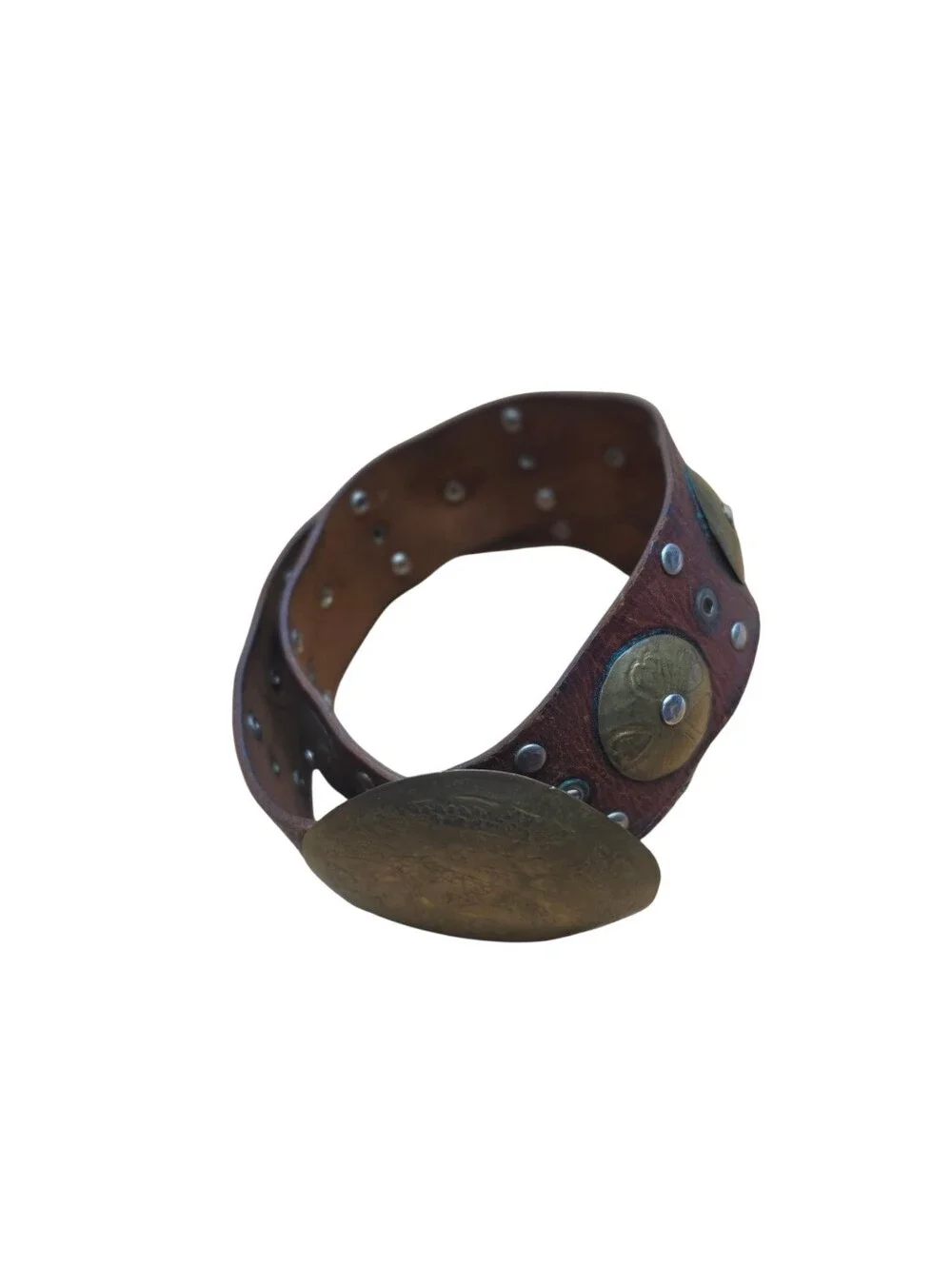 Vintage Handmade Leather Brass Conch Belt M/L  Boho Western Cowgirl Indie
